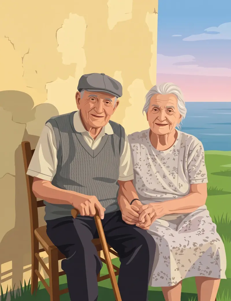 Ilustración de una pareja de adultos mayores tomados de la mano, símbolo del cuidado en Villas Legado
